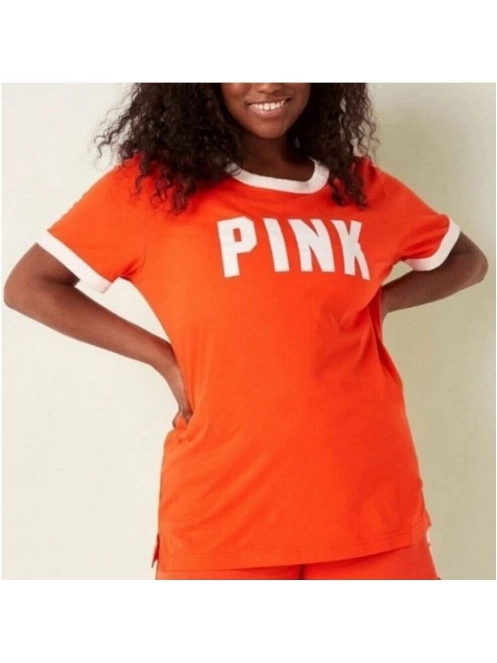 PINK Victoria's Secret Short Sleeve T-Shirt Medium Campus Ringer Crew Orange